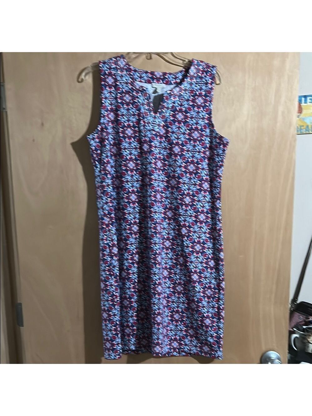 Talbots Blue, Red and White Sheath Midi Dress Crew Neck Sleeveless